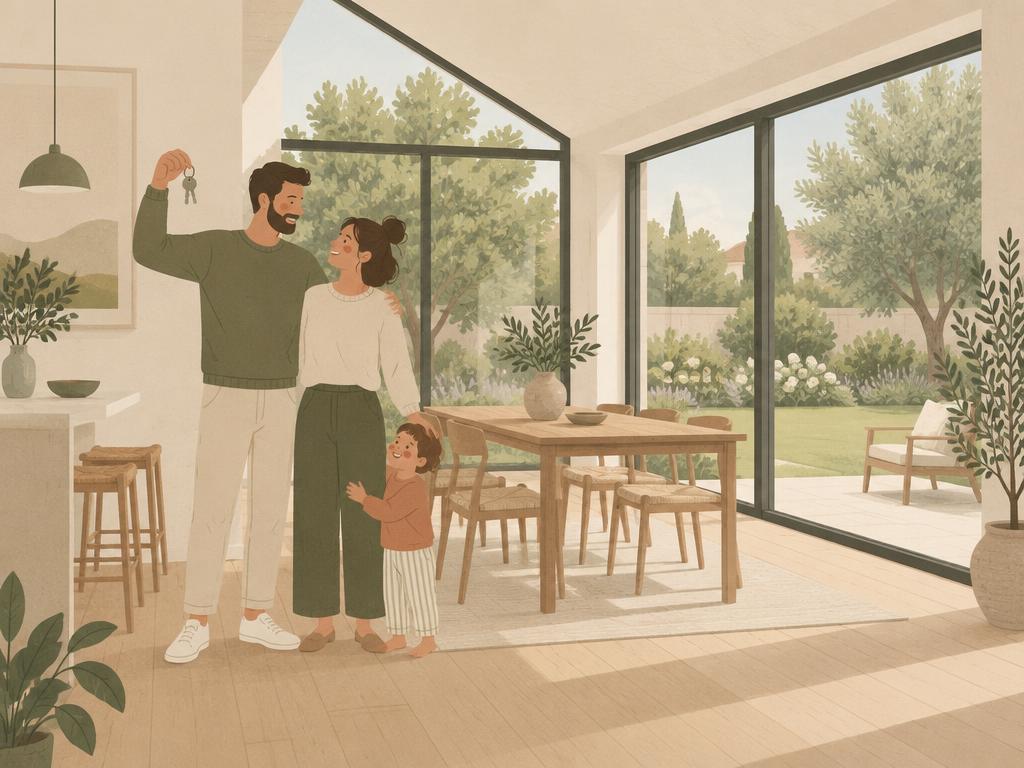Familie med nøgler i deres nye, lyse tilbygning